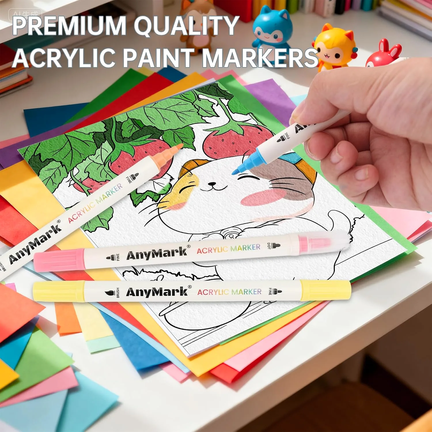 A pair of hands colouring a drawing with AnyMark acrylic paint pens